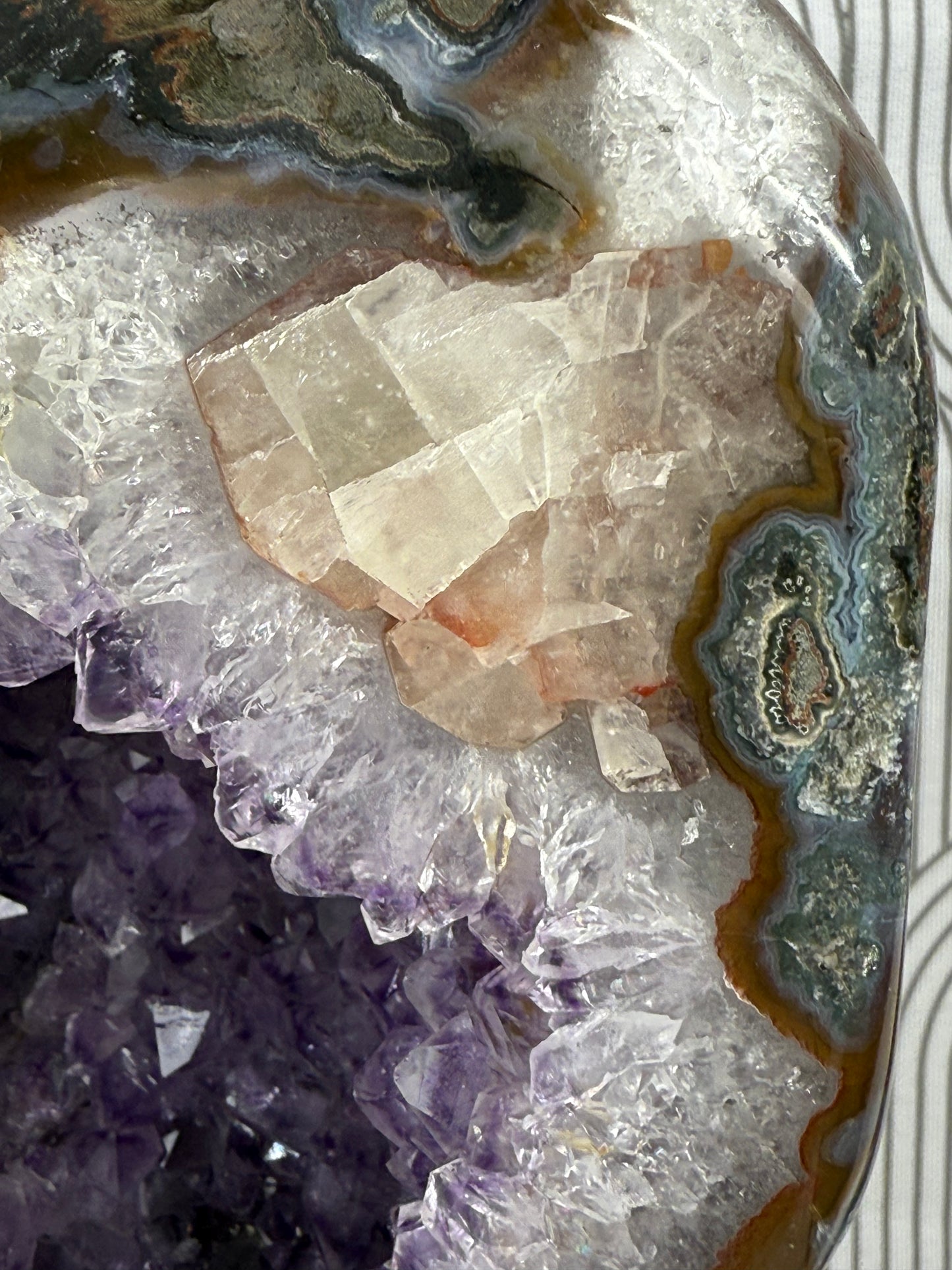 Phantom amethyst geode with custom stand