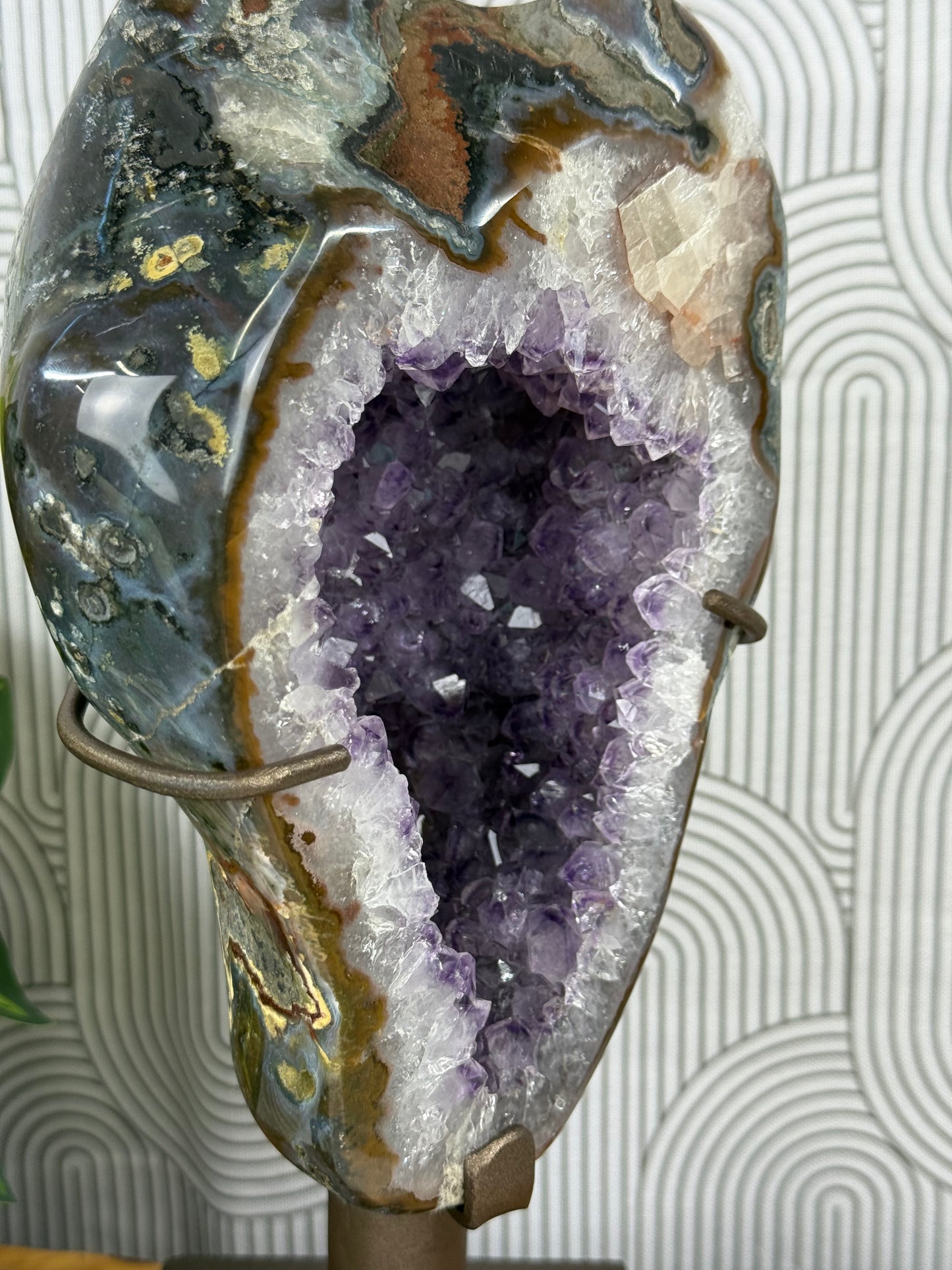 Phantom amethyst geode with custom stand