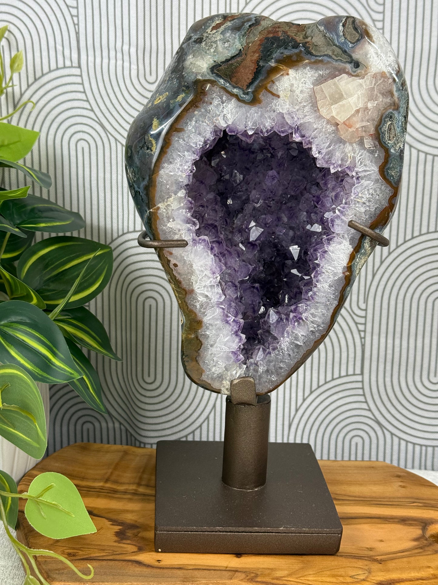 Phantom amethyst geode with custom stand