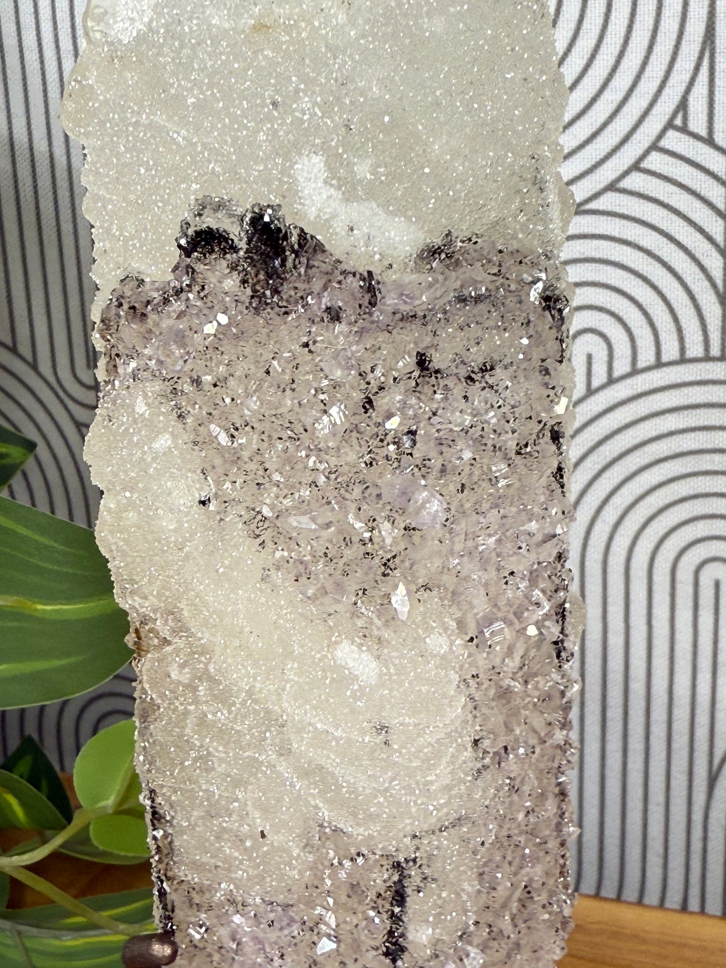 optical calcite with black hematite and amethyst