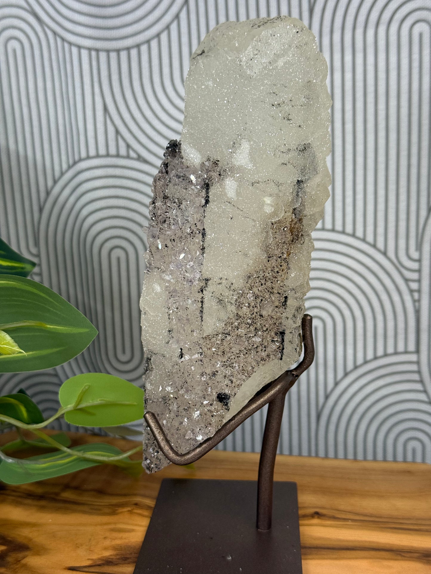 optical calcite with black hematite and amethyst