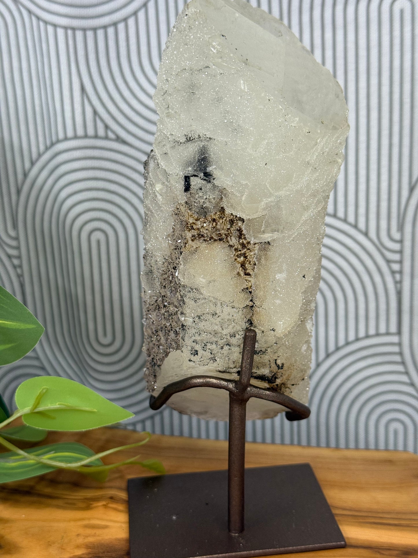 optical calcite with black hematite and amethyst