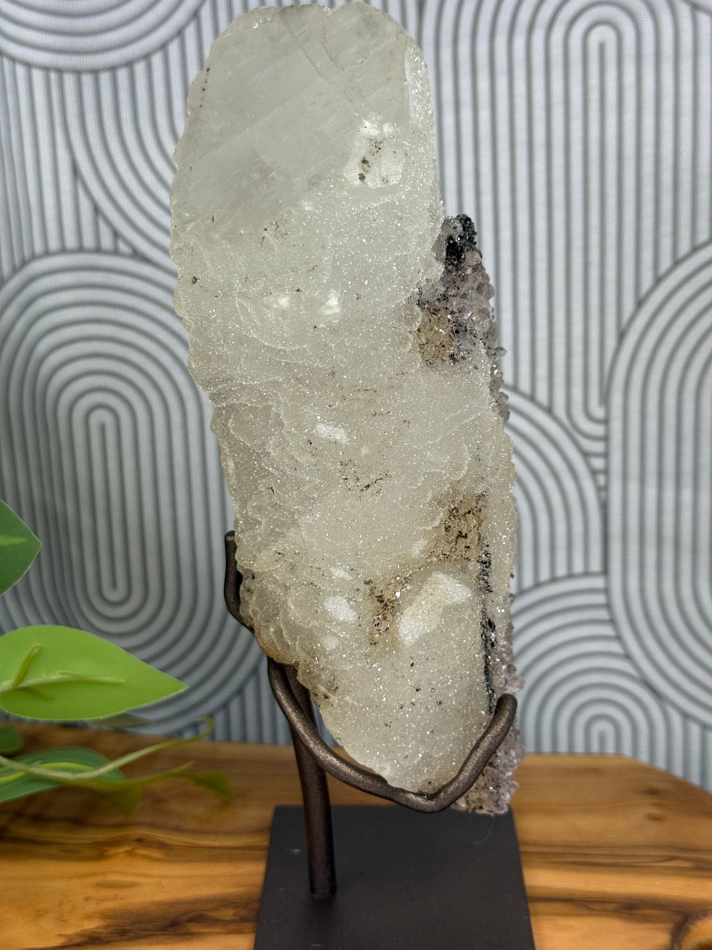 optical calcite with black hematite and amethyst