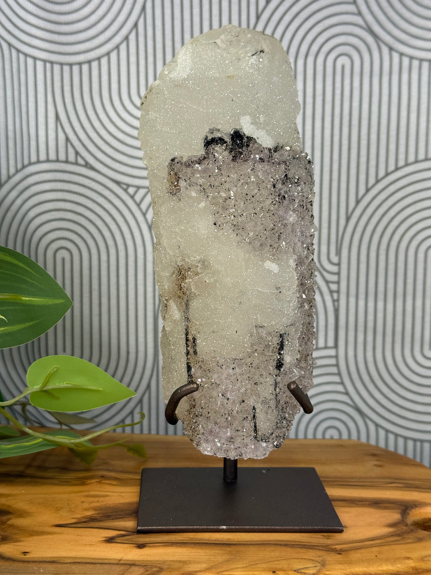 optical calcite with black hematite and amethyst