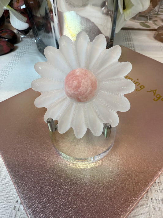 selenite daisy with pink opal center