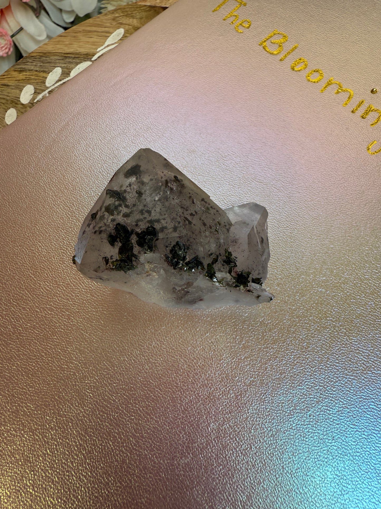 epidote on quartz with amethyst